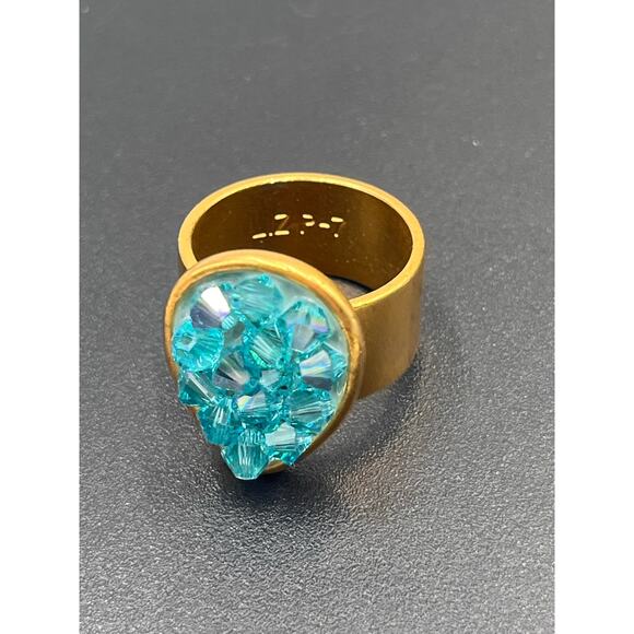 Liz Palacios Teardrop Blue AB Swarovski Crystal Gold Plated Wide Band Ring Sz 7 - Picture 3 of 8